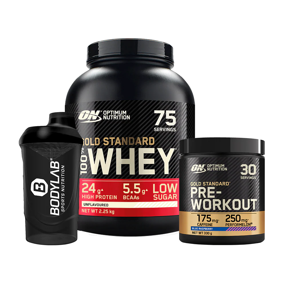 100% Whey Gold Standard (2270g) + Gold Standard Pre-Workout (330g) + Bodylab24 Shaker GRATIS!