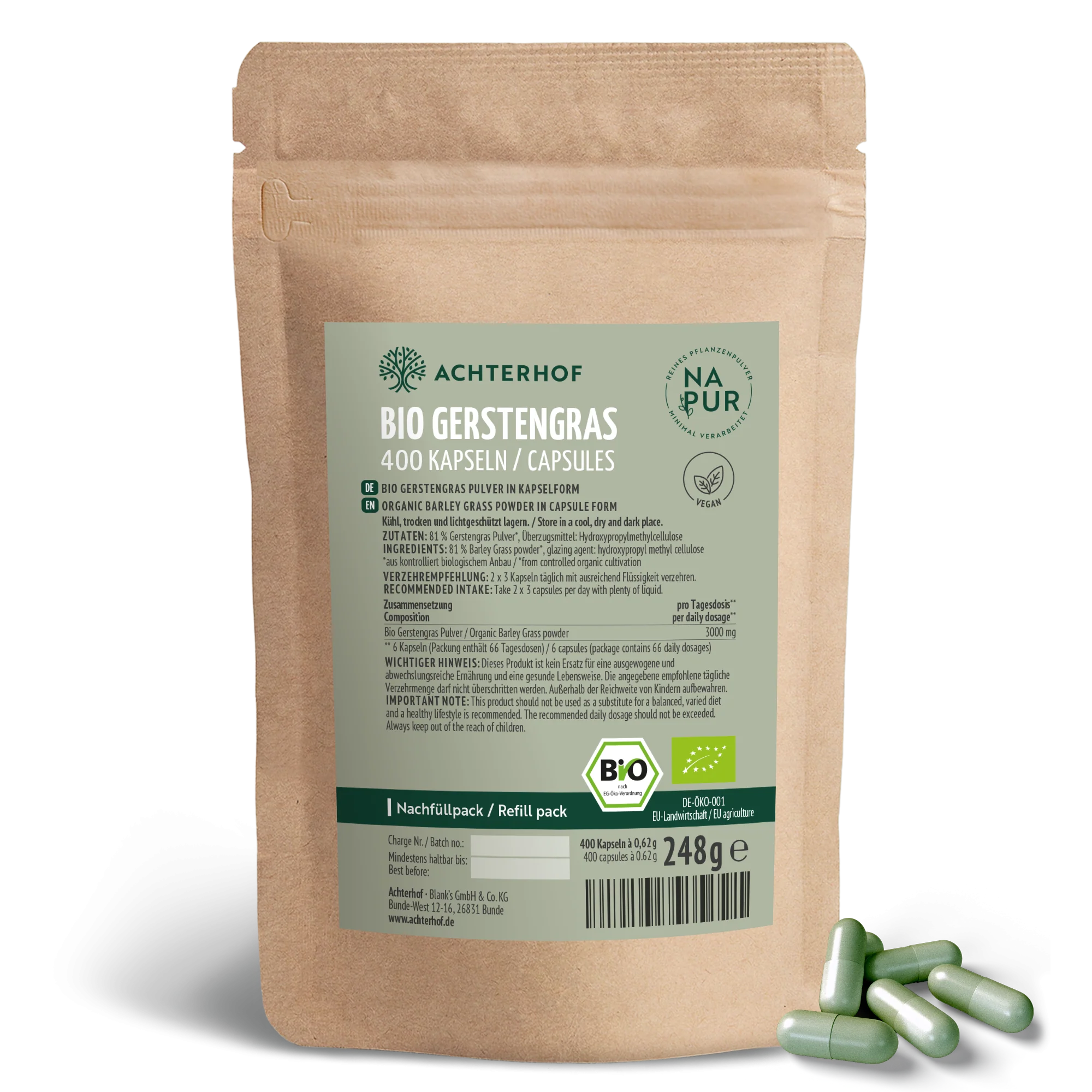 Bio Gerstengras Kapseln Nachfüllpack (400 Kapseln)