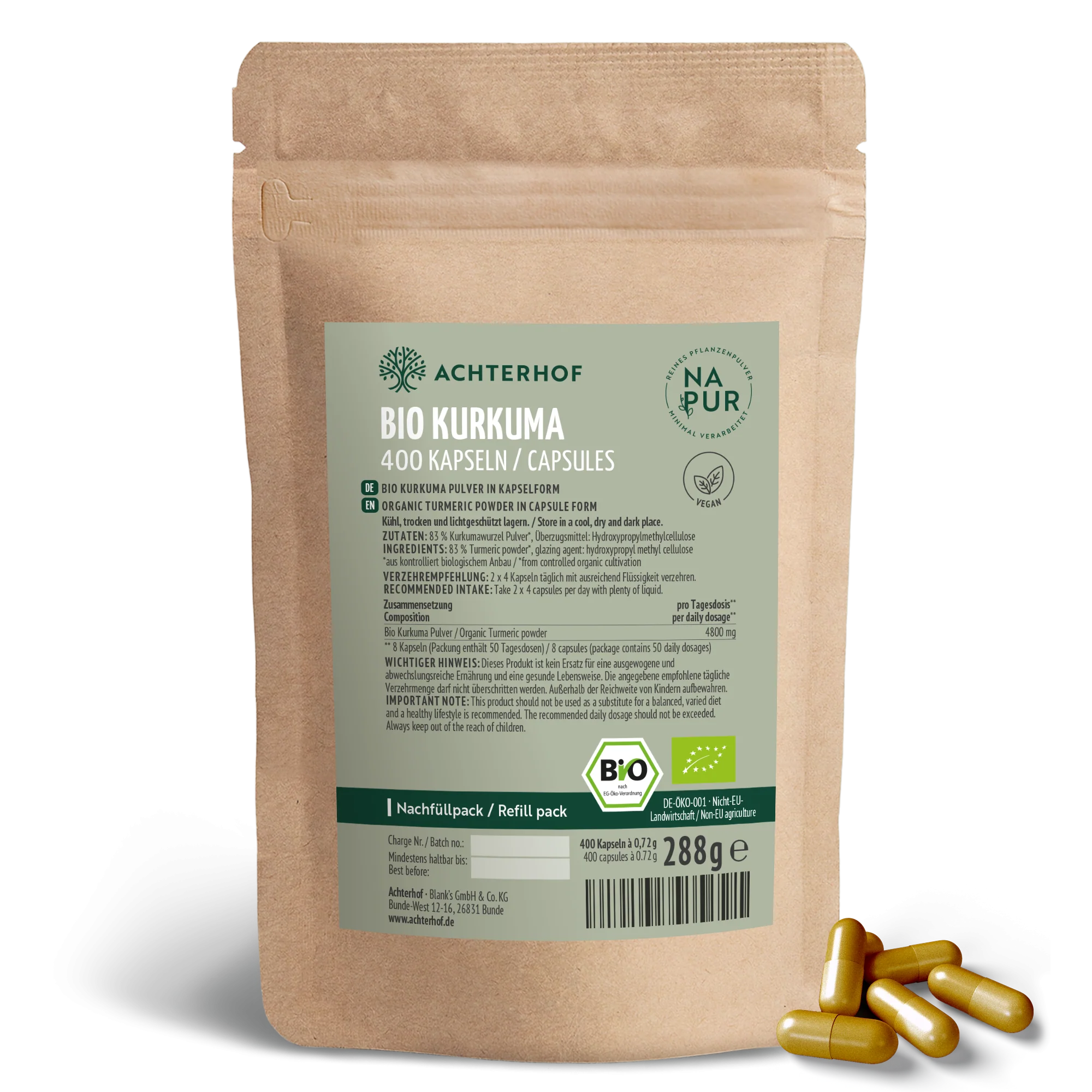 Bio Kurkuma Kapseln Nachfüllpack (400 Kapseln)